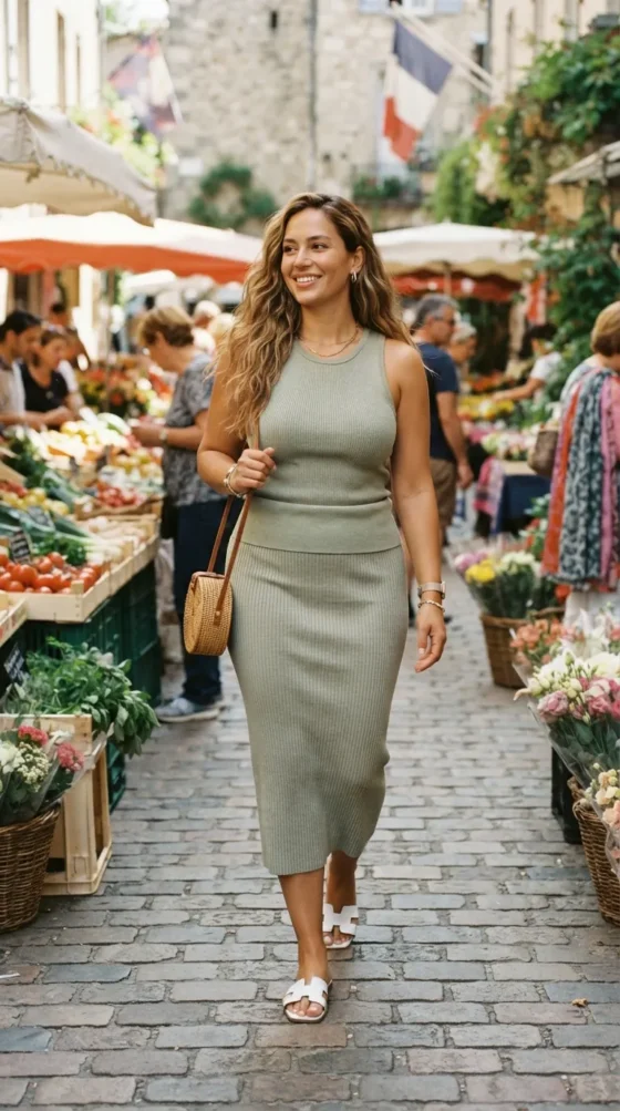 Midsize woman in sage ribbed knit tank and midi skirt at a summer outdoor market