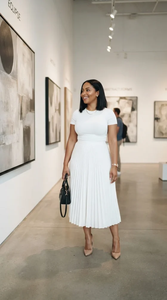 White Pleated Midi Skirt