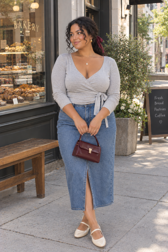 Gray ballet top and denim midi skirt in a casual aesthetic coquette outfit
