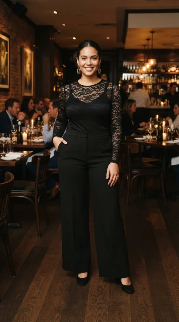 Black Wide-Leg Pants + Lace Top