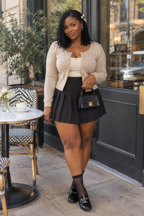 Oatmeal cardigan and pleated skirt create a polished aesthetic coquette outfit