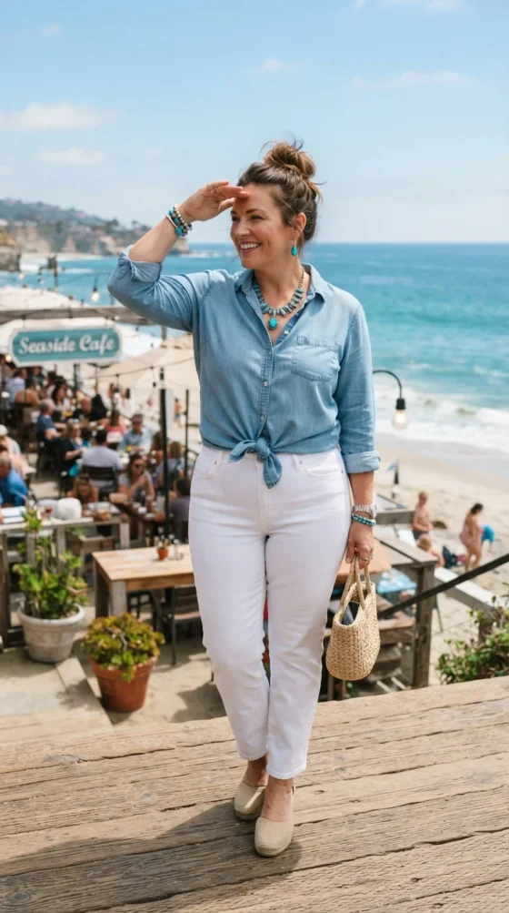 Cool Blue Chambray Shirt + White Jeans