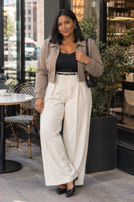 Lace camisole and wide-leg trousers create a grown-up aesthetic coquette outfit
