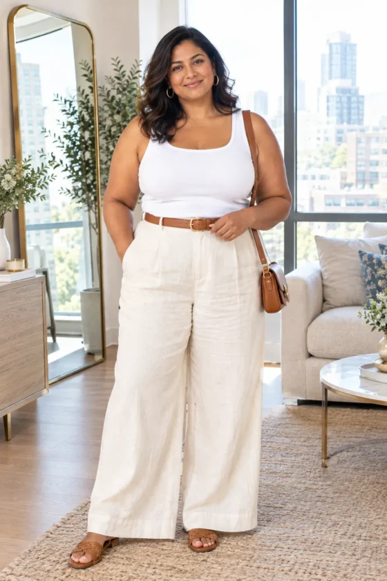  Plus-size woman over 40 wearing linen pants and a fitted tank for summer