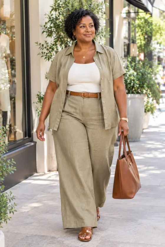 Woman over 40 in a coordinated khaki summer outfit with linen trousers