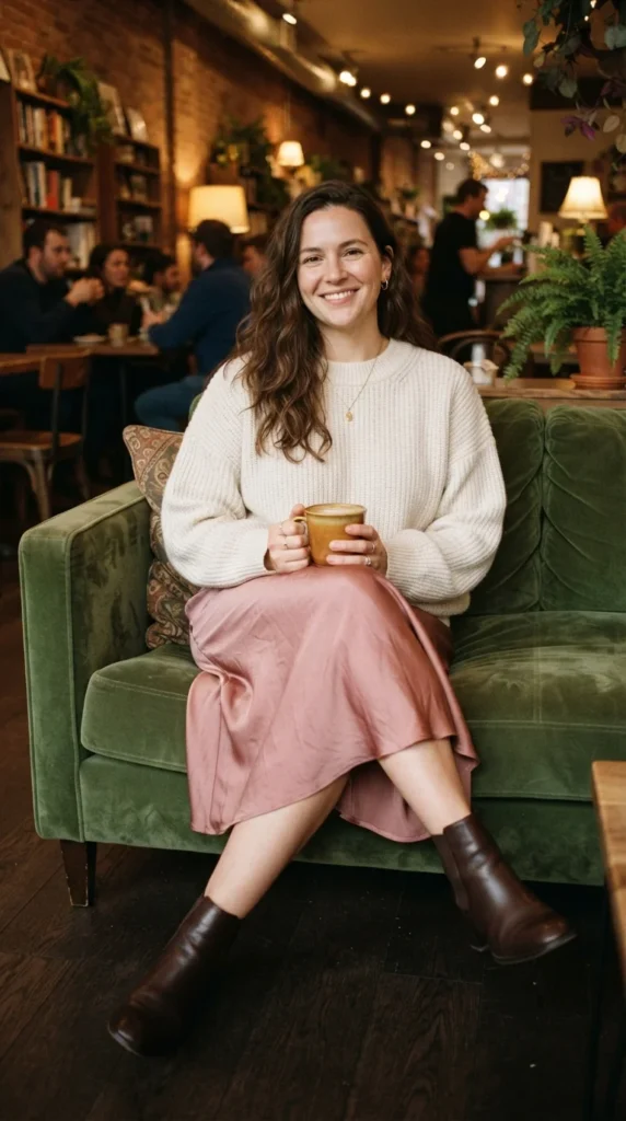 Pink Satin Slip Skirt + Cozy Sweater