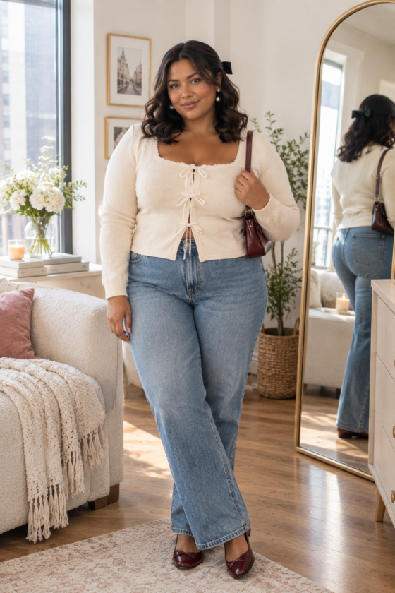 Cream ribbon top, straight jeans, and ballet flats in an aesthetic coquette outfit