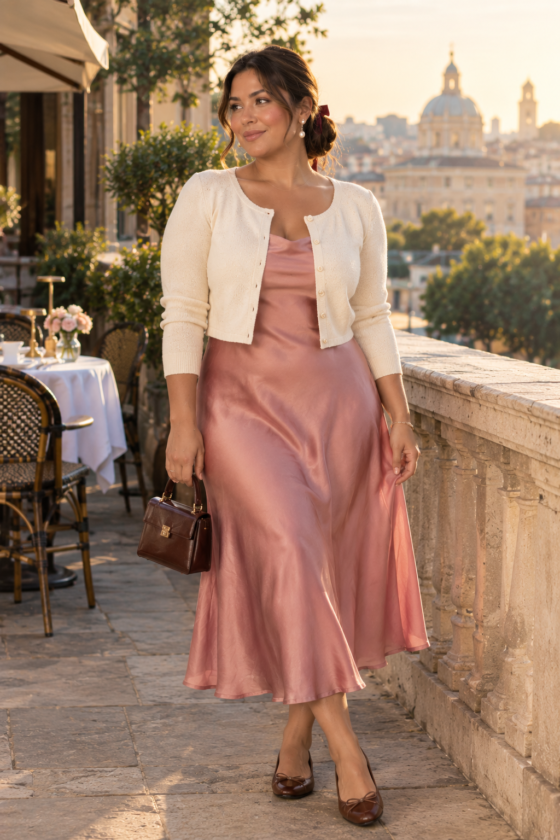 Satin midi dress with cardigan for a romantic aesthetic coquette date outfit