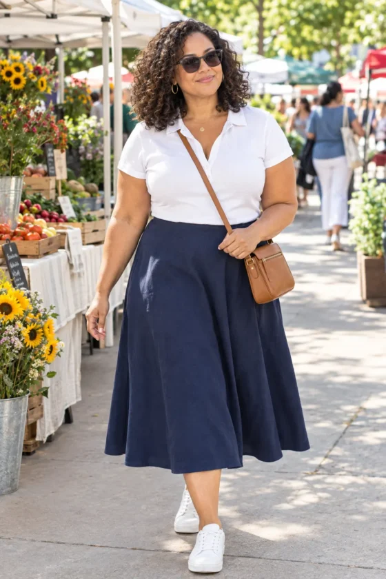  Curvy woman over 40 wearing a navy midi skirt and white polo