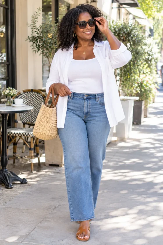 curvy woman over 40 wearing straight-leg jeans and a white linen shir