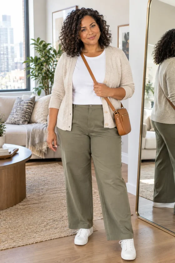 Woman over 40 wearing olive trousers, white tee, cardigan, and sneakers