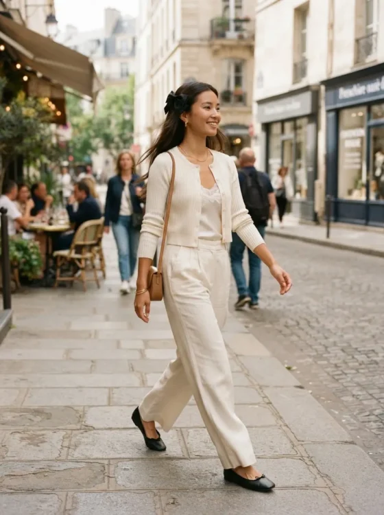Woman in cream cardigan set and ballet flats carrying grocery bags]
