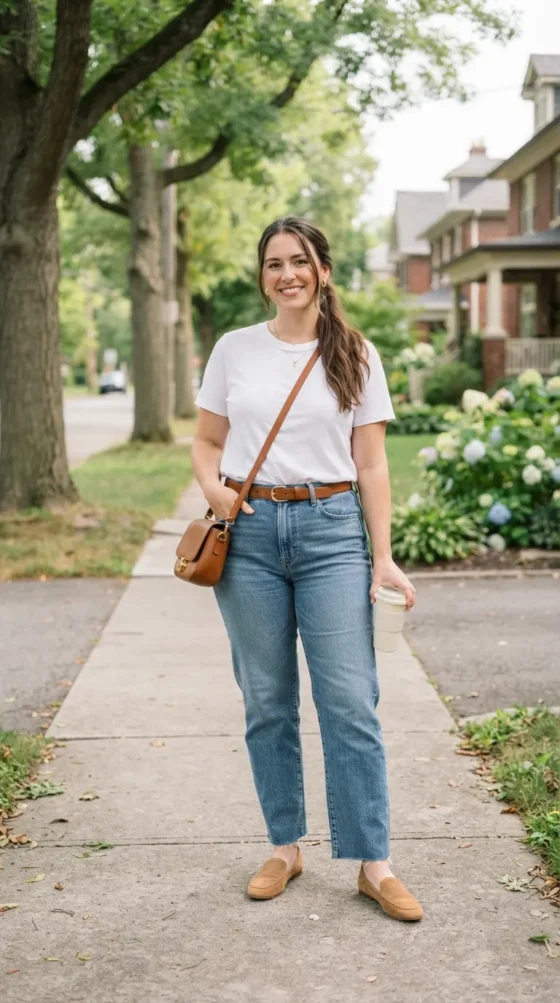 Curvy woman in casual white tee and straight-leg jeans with tan loafers outdoors