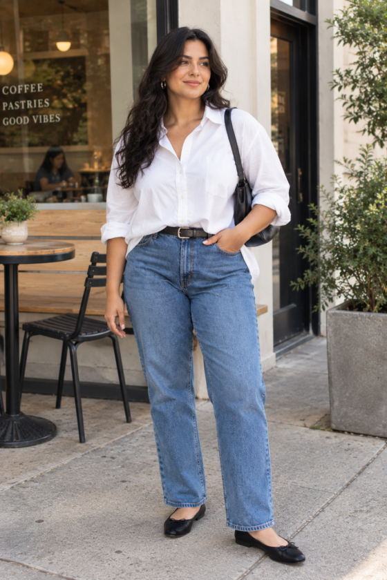 White Shirt + Straight Jeans