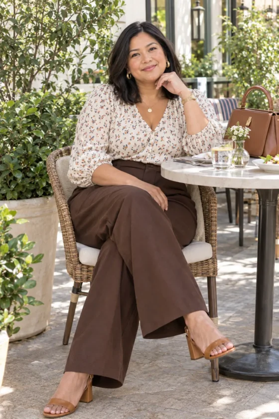 Plus-size woman over 40 wearing wide-leg trousers and a printed blouse