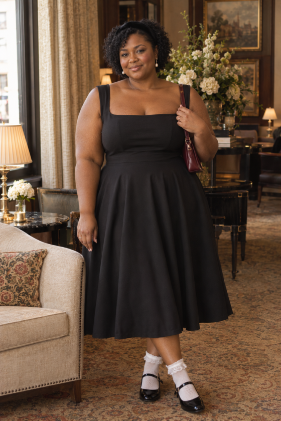 Black midi dress with lace socks for a modern moody coquette outfit