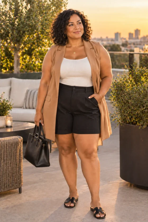  Plus-size woman over 40 wearing tailored shorts, tank, and lightweight vest