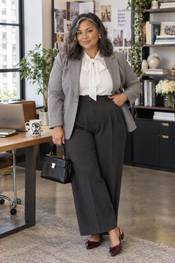 Gray blazer and bow blouse create a polished office coquette outfit