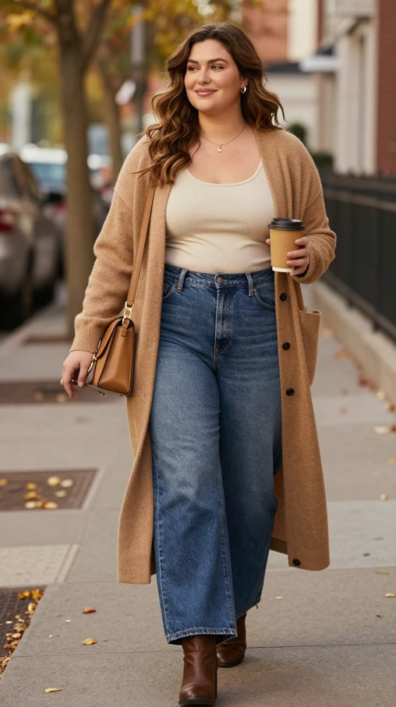 Camel Cardigan + Wide-Leg Denim