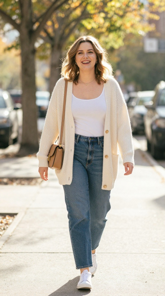 Lightweight Cardigan + Straight-Leg Jeans