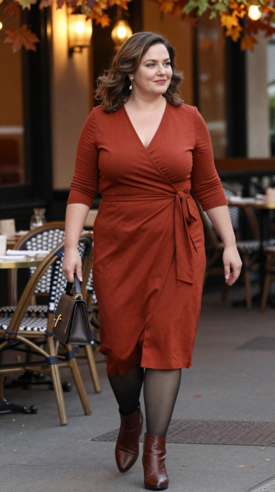 Rust Wrap Dress + Ankle Boots