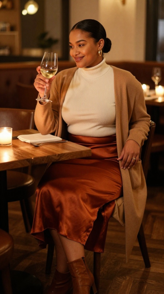 Satin Midi Skirt + Turtleneck