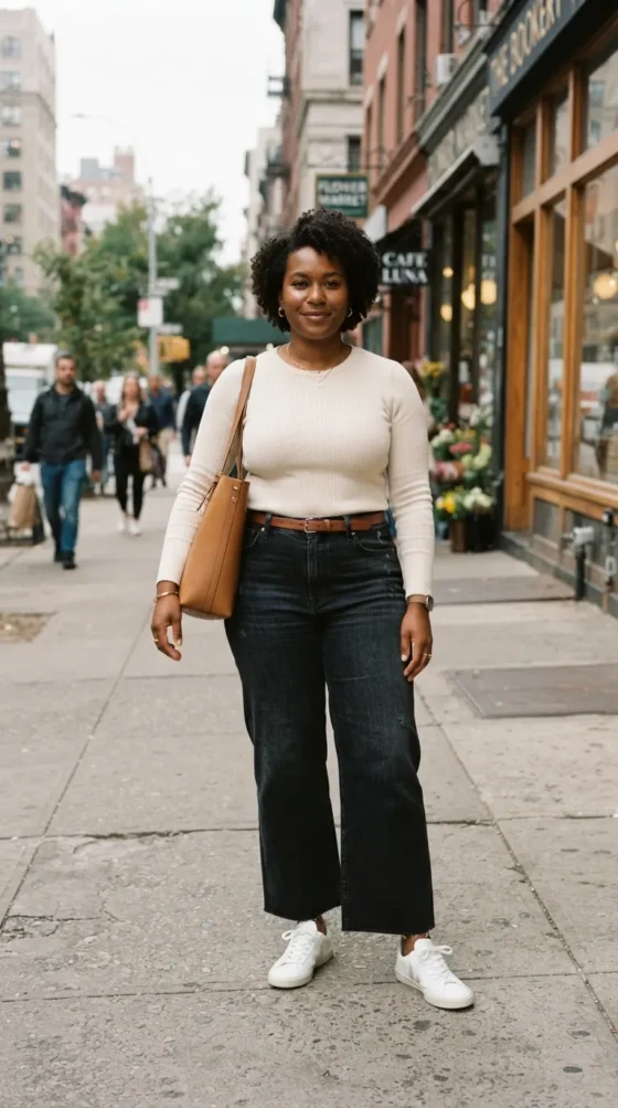 Curvy hourglass woman in wide-leg jeans and cream top with white sneakers on a sidewalk