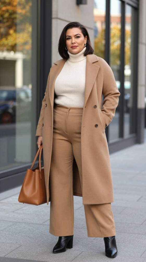Wide-Leg Pants + Turtleneck + Long Coat