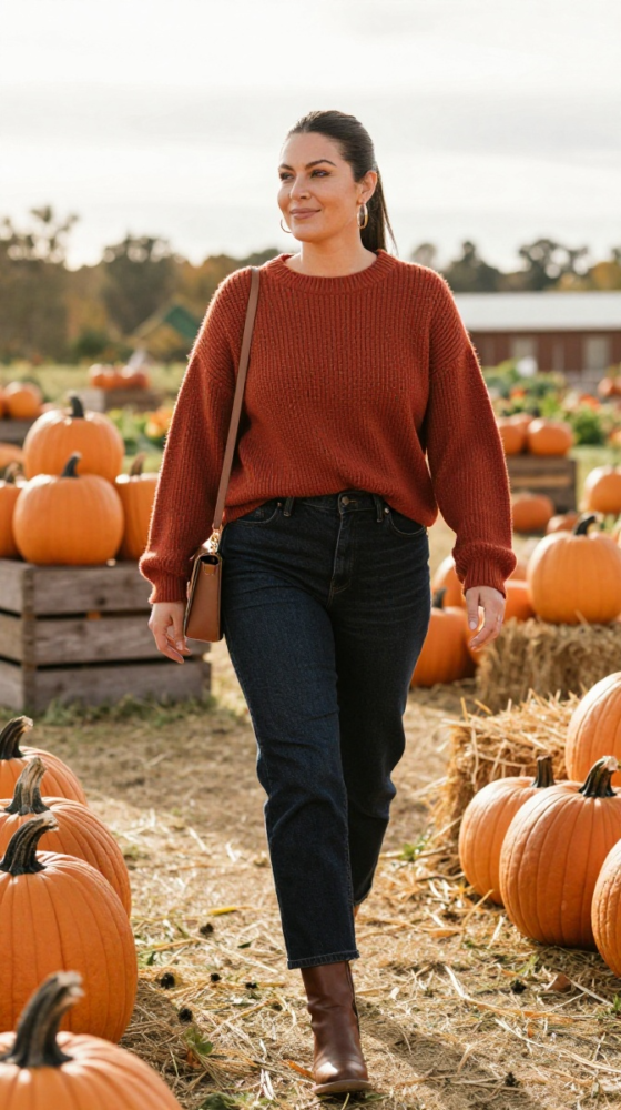Rust Sweater + Dark Denim + Boots