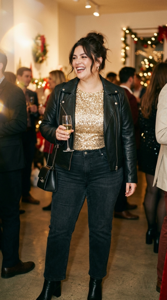 Sequin Top + Straight-Leg Denim