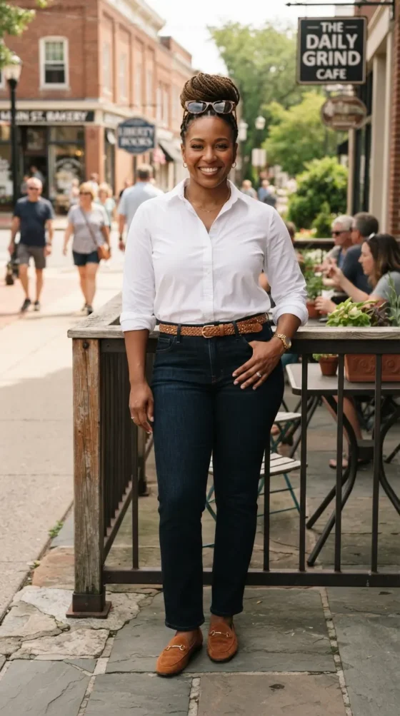 White button-down with dark straight-leg jeans for casual Friday summer outfits plus size