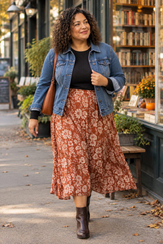 A denim jacket and rust floral midi skirt create casual autumn outfits for curvy women over 40. 
