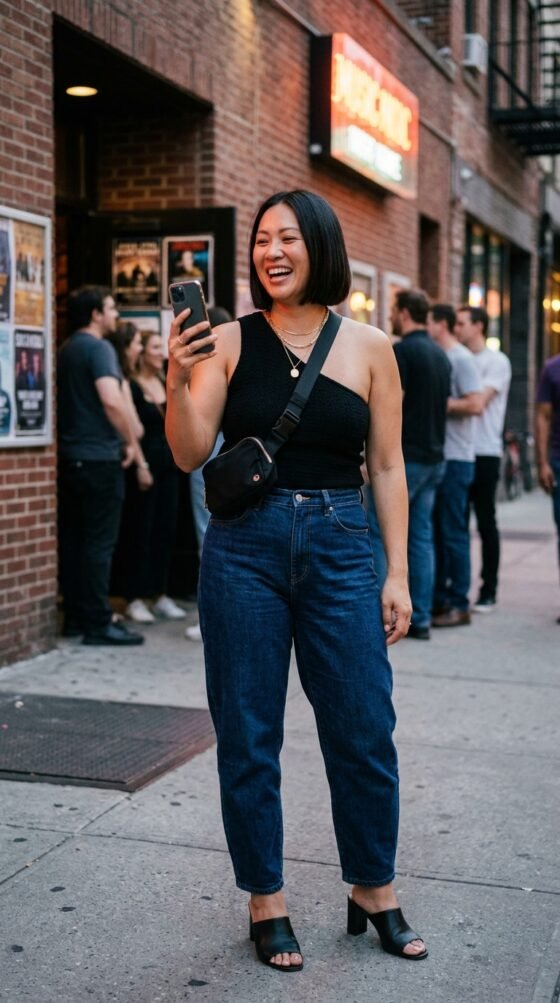 Barrel-Leg Jeans and a One-Shoulder Top