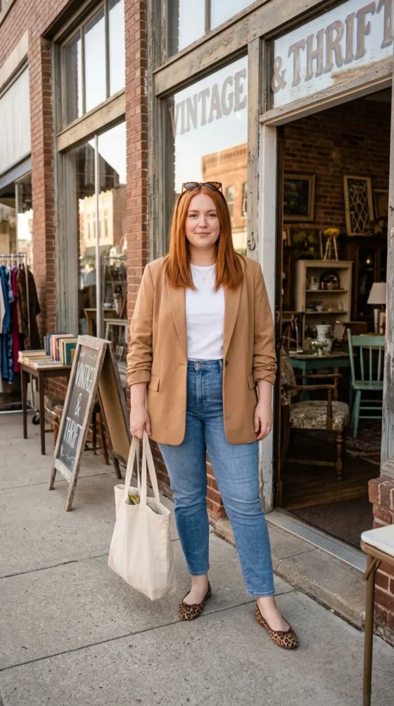 Woman in cool-blue slim ankle jeans, white tee, and camel blazer in an affordable thrifted jeans outfit