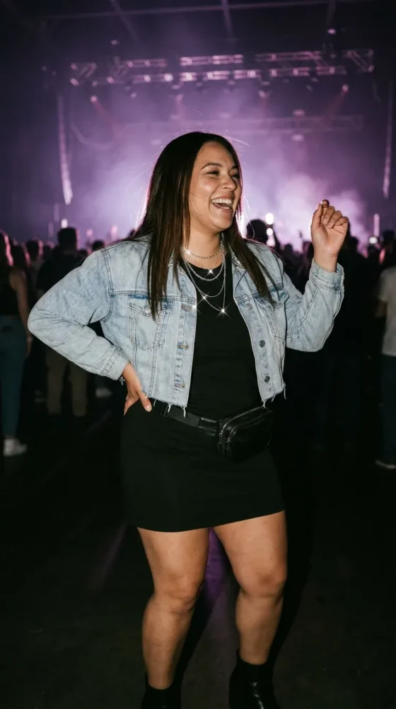 Black Mini Dress + Denim Jacket + Ankle Boots