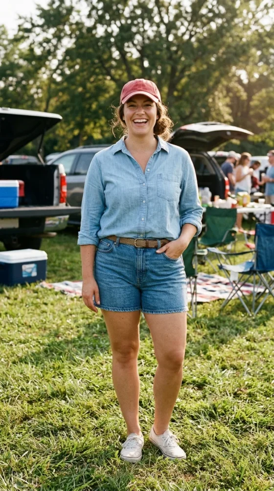 Button Down & Denim Shorts