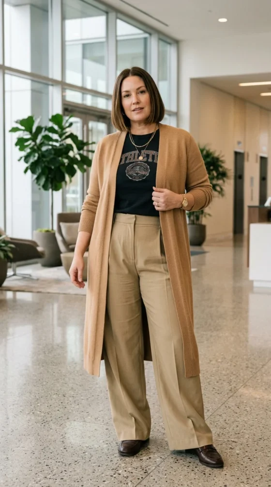 Cardigan & Team Tee with Wide Leg Pants