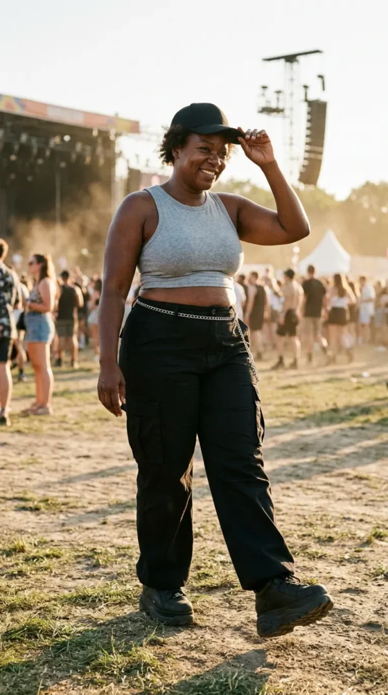 Cargo Pants + Crop Top + Platform Sneakers