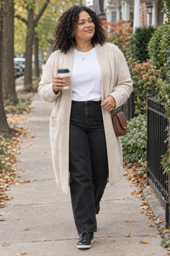 n oatmeal cardigan, white tee, and black jeans make comfortable autumn outfits for plus-size women over 40