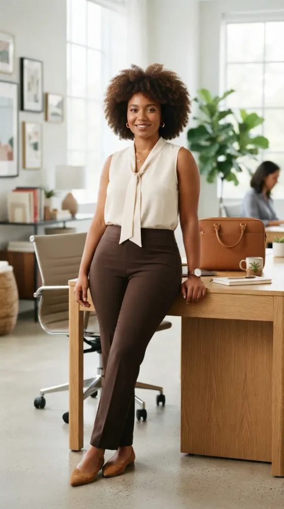 Cream tie-neck blouse with brown pull-on pants for a comfortable curvy work outfit