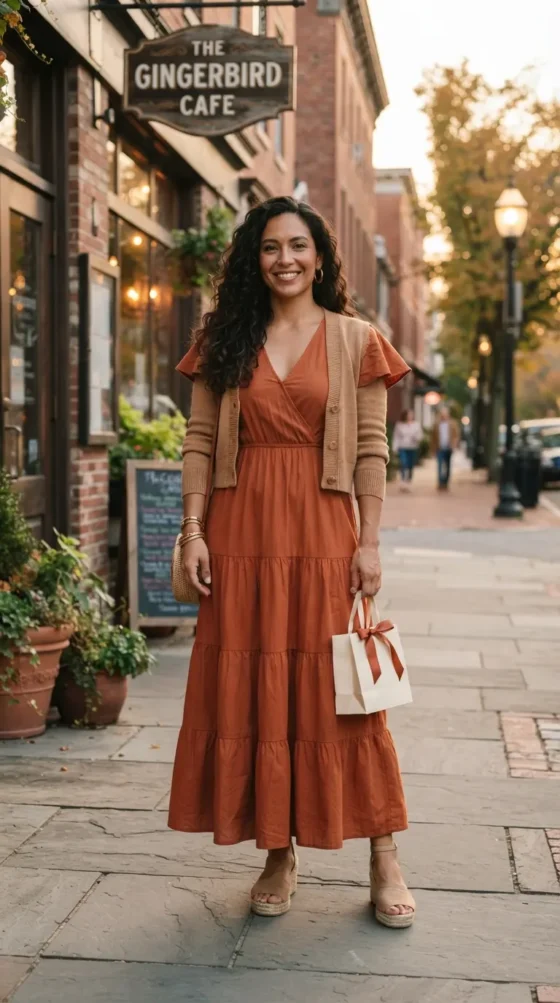 Rust tiered maxi dress with cardigan, a work-to-dinner plus size summer outfit