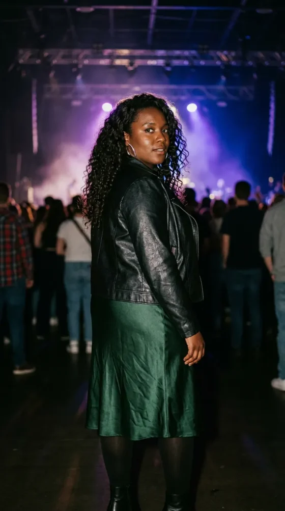 Faux Leather Jacket + Midi Skirt + Tights