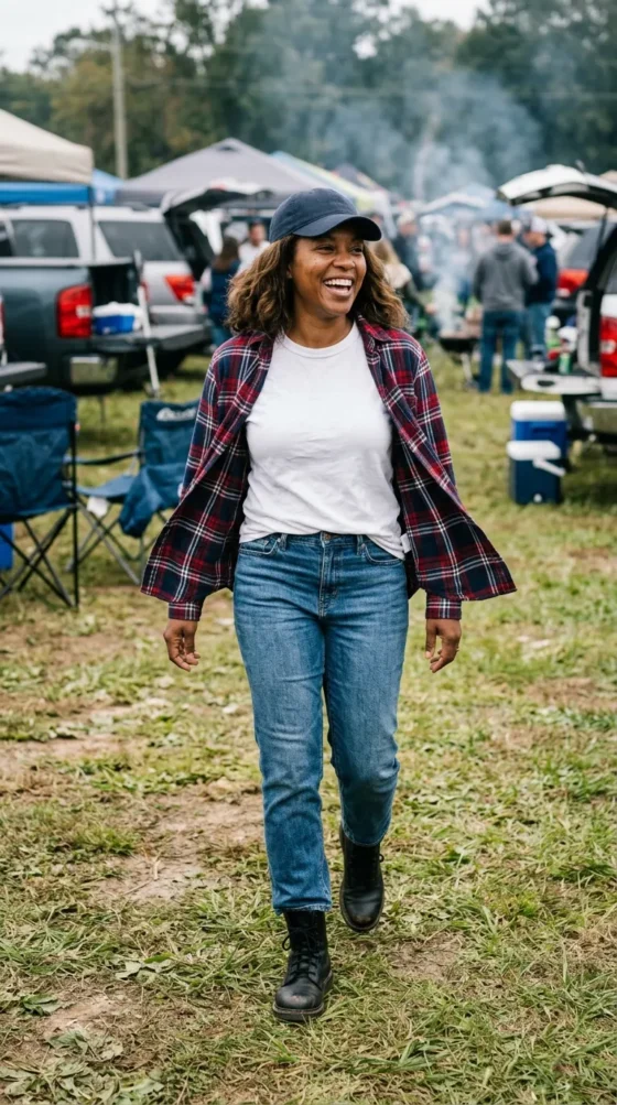 Flannel + Tee + Straight Jeans + Combat Boots