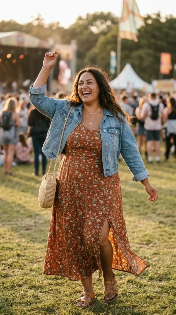 Flowy Maxi Dress + Denim Jacket + Sandals 