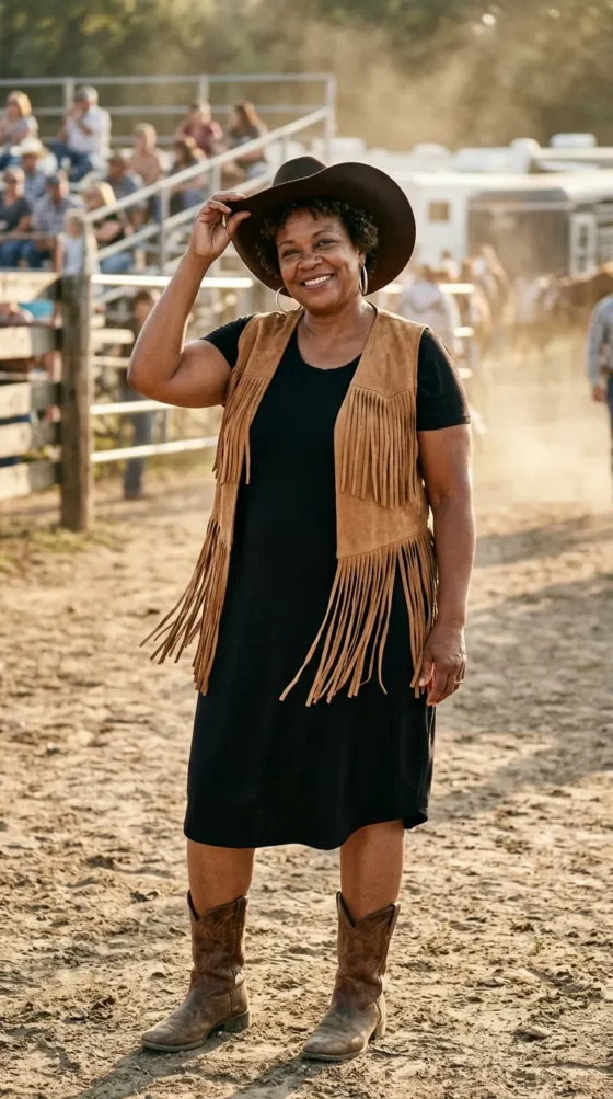Fringe Vest + T Shirt Dress + Cowboy Boots