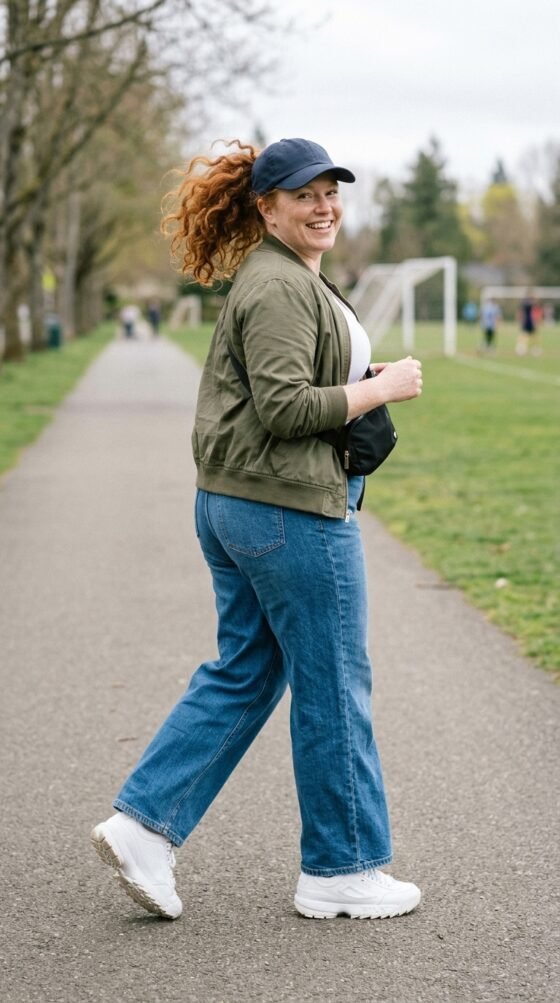 Woman in medium-blue wide leg jeans, olive bomber jacket and white sneakers on a park path