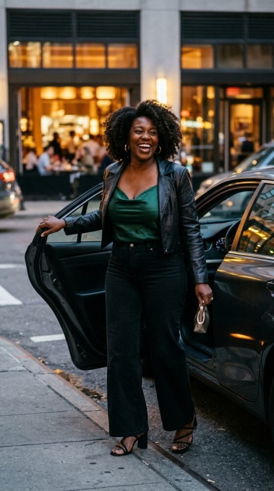 Woman in black wide leg jeans, emerald satin cami and leather jacket stepping out of a car at dusk