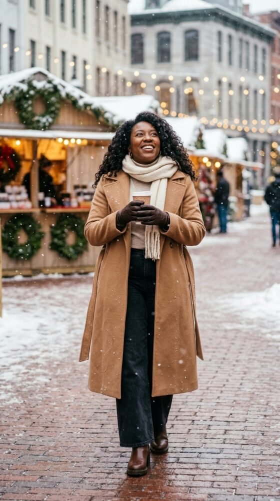 Woman in charcoal wide leg jeans, turtleneck and camel coat walking through a snowy holiday market
