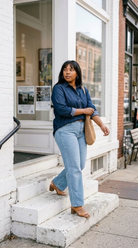 Woman in cool blue wide leg jeans and a dark chambray shirt on art gallery steps