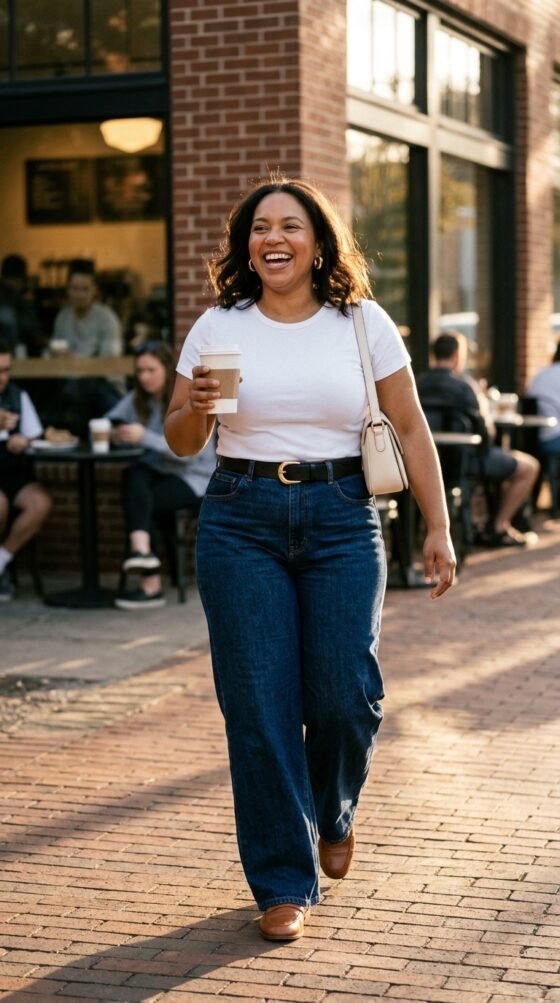 Woman in dark indigo wide leg jeans, white tee and cognac loafers on a coffee shop sidewalk